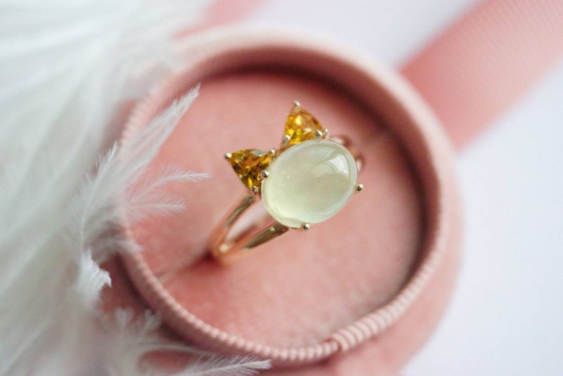 Natural Prehnite and Citrine cat design Ring,Silver 925 - 戒指 - 纯银 绿色