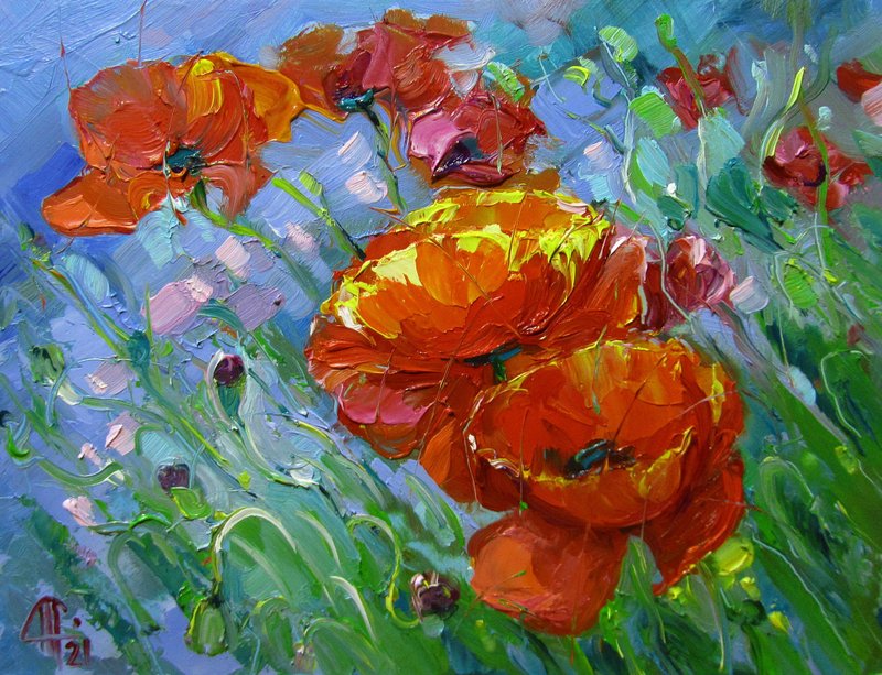 Poppies Original Art Red Poppies Oil Painting Flowers Wall Art  Flowers Artwork - 插画/绘画/写字 - 其他材质 红色