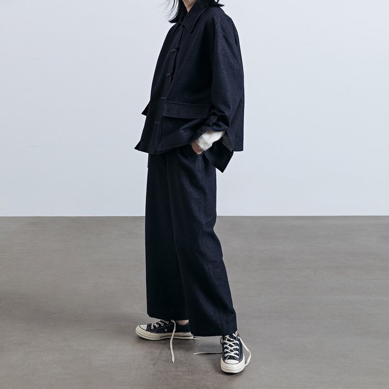 杲果GAOGUO原创设计女装 新藏蓝斜纹毛料袢扣设计师风格毛呢外套 - 女装休闲/机能外套 - 羊毛 蓝色