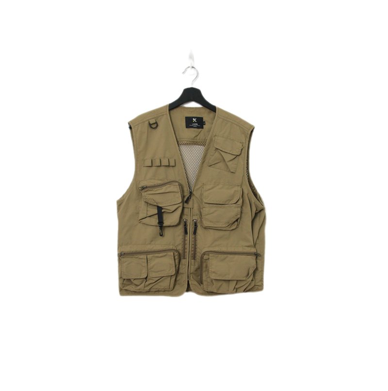 Back to Green-经典钓鱼背心 卡其网格 多口袋 v-29/vintage vest - 女装背心 - 聚酯纤维 