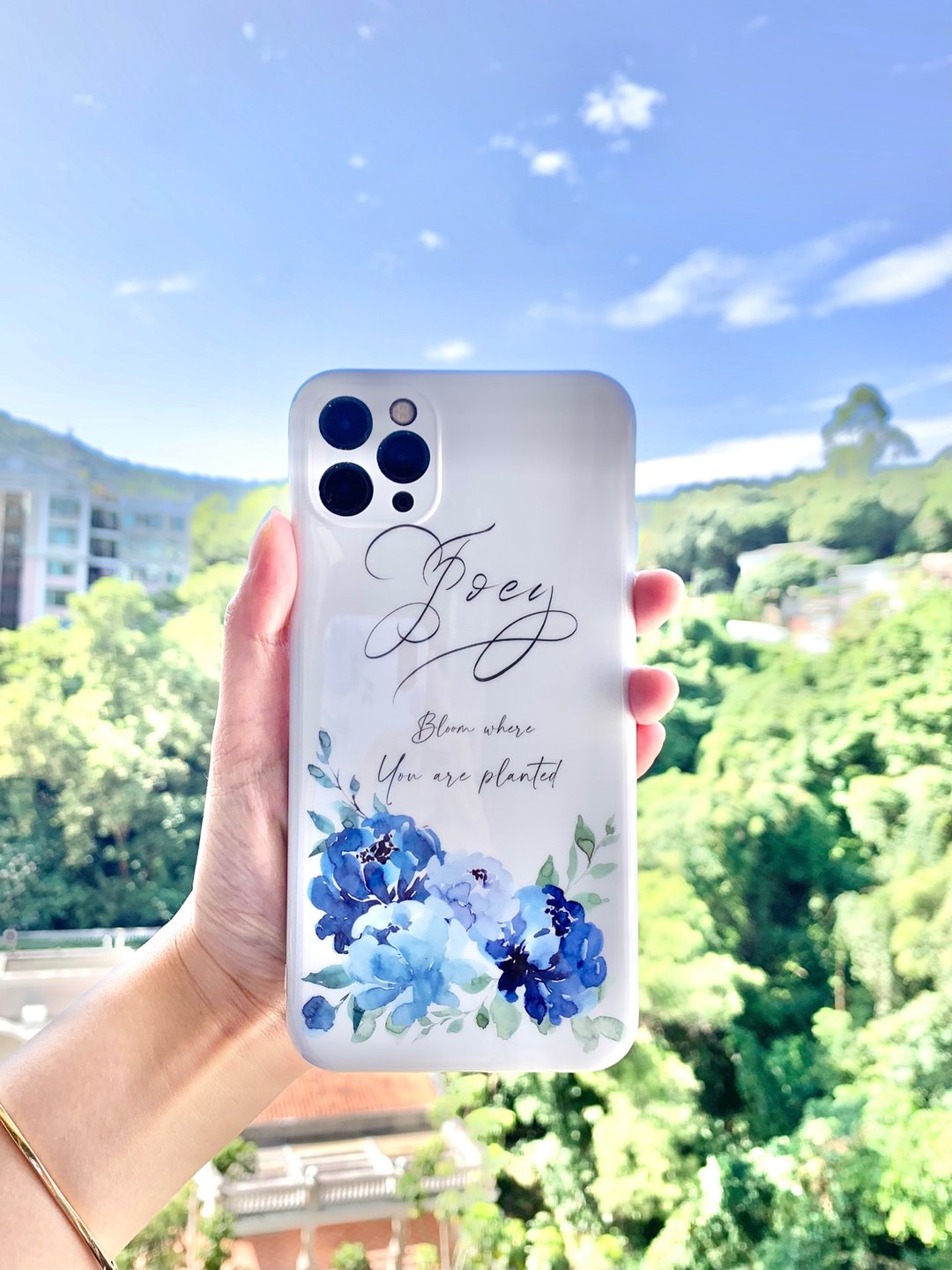 【定制化礼物】手机壳 iPhone 7~14 Pro Max 名字 水彩 花束 包边 - 手机壳/手机套 - 塑料 蓝色