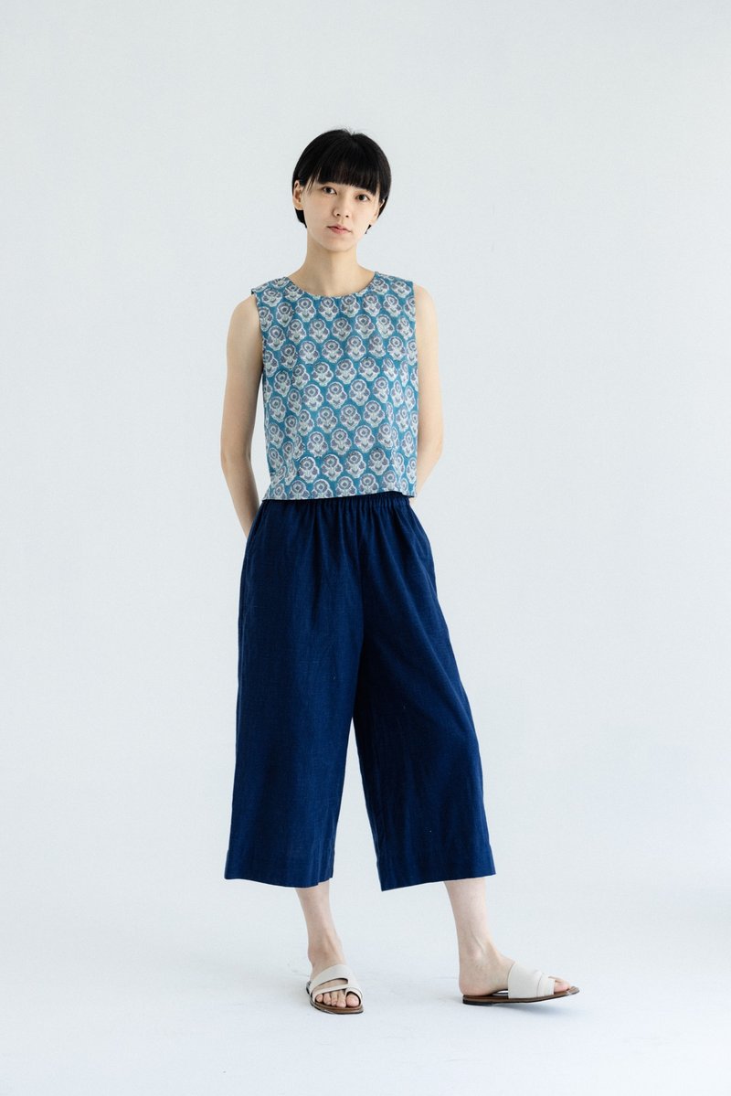 圆领无袖上衣_蓝 - 女装背心 - 棉．麻 蓝色