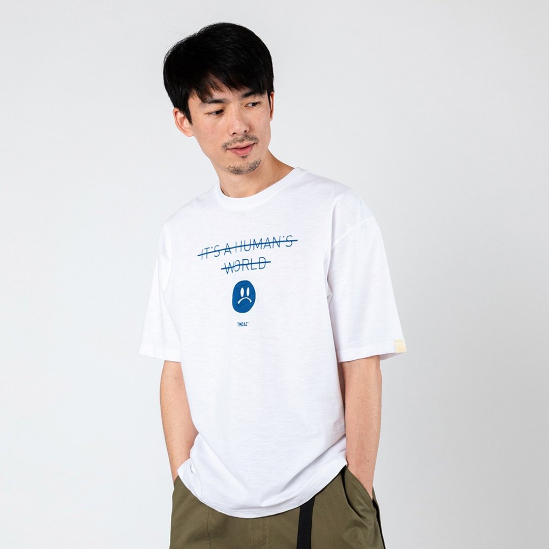 emoji哭脸白色印花小领口廓形宽松通勤短袖棉T恤 竹节棉 街头 - 男装上衣/T 恤 - 棉 白色