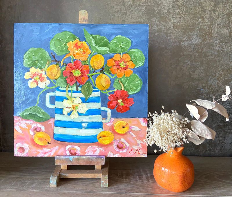 花束金莲花和杏原创油画花卉和水果工作室艺术家墙壁装饰 - 墙贴/壁贴 - 其他材质 蓝色