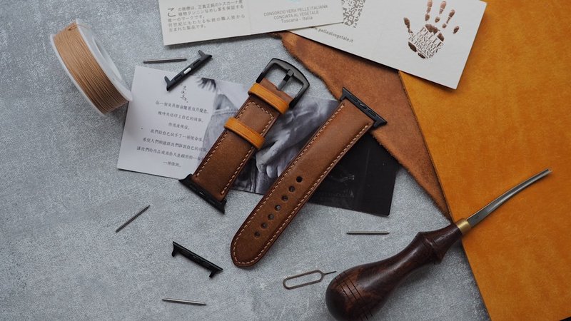 纯手工牛皮起鼓撞色苹果Applewatch表带 定制化刻字礼物 订制颜色 - 表带 - 真皮 多色