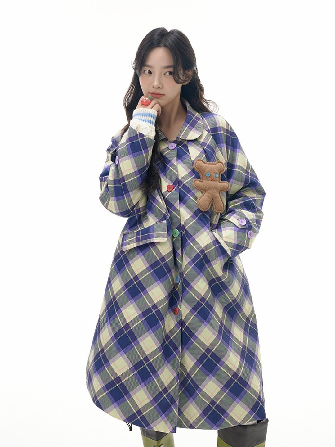 格纹毛绒小熊夹棉宽松长外套A字棉服 - 女装西装外套/风衣 - 其他材质 多色
