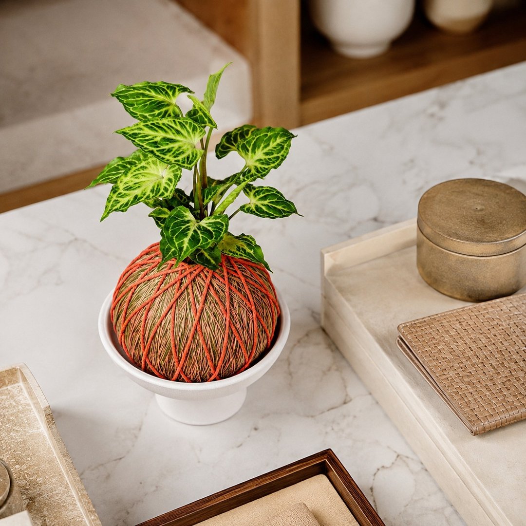 苔球植物 蜡染合果芋橘绿苔球加磨砂高脚钵 苔球 苔玉 礼物 送礼 - 植栽/盆栽 - 植物．花 绿色