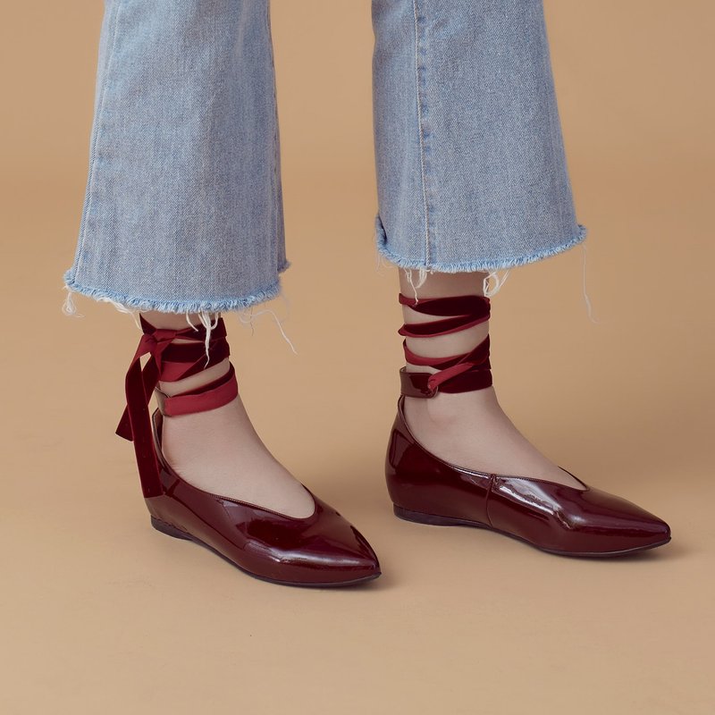芭蕾绕踝带!深V挖口内增高尖头鞋 酒红 MIT  全真皮 - 其他女款皮鞋 - 真皮 红色