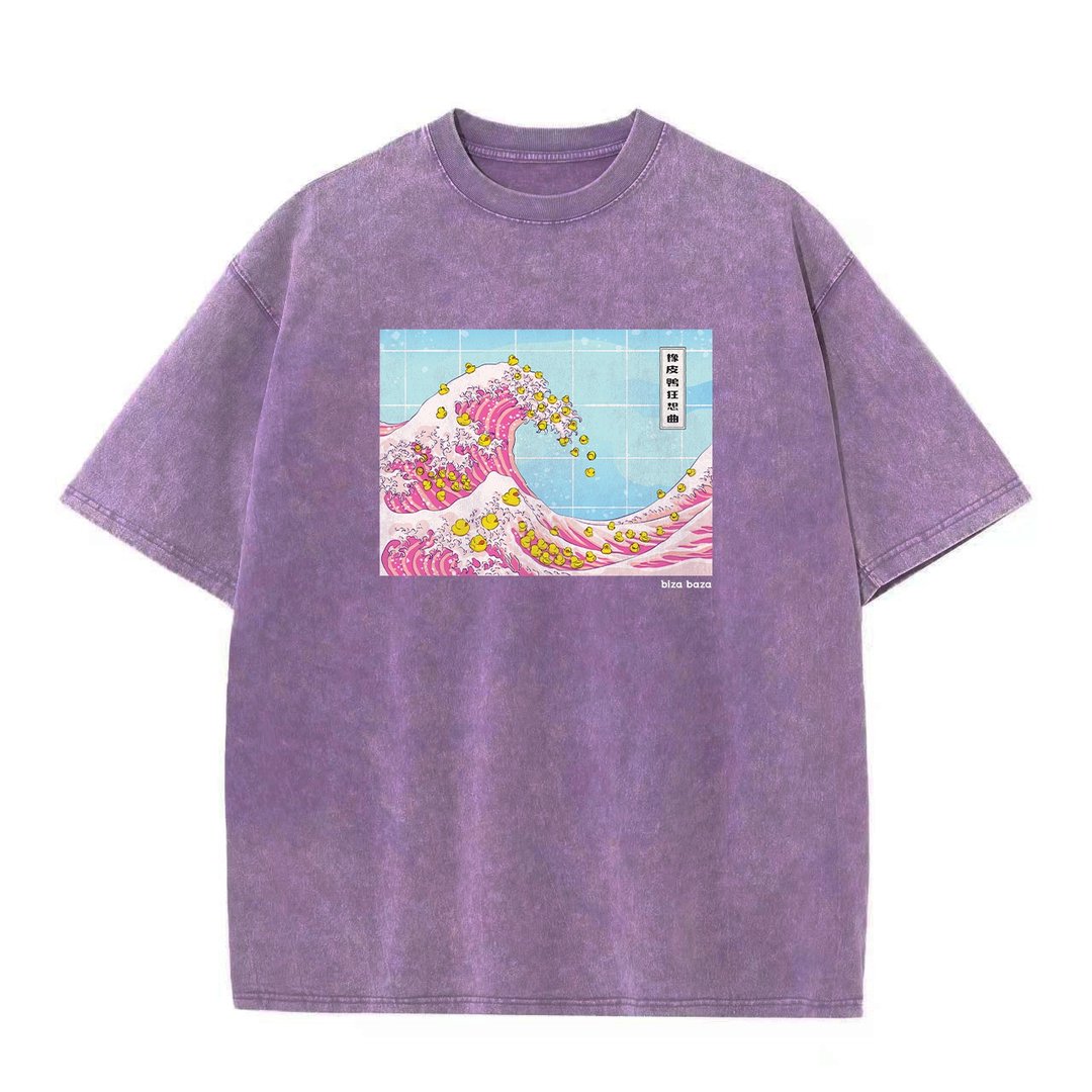 鸭鸭狂想曲 日式复古 做旧水洗 宽松短袖T shirt 衫系列 紫色 - 男装上衣/T 恤 - 棉 紫色