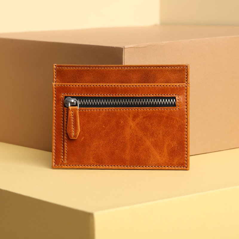 Leather Card Holder with Zipper Pocket Personalized - 名片夹/名片盒 - 真皮 