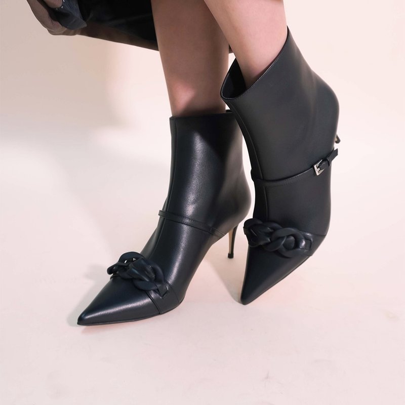 【超粗链条】矮细跟短靴 - 女款短靴 - 真皮 黑色