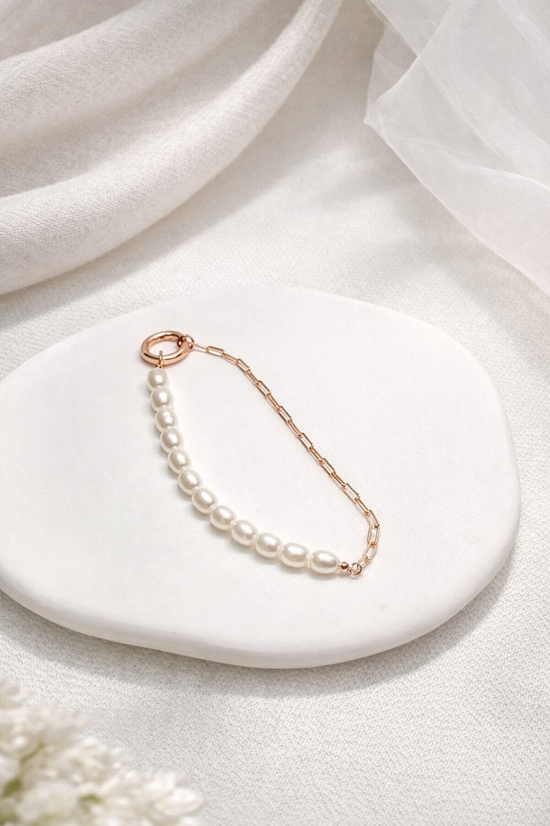925 银镀金长环链拼接天然珍珠手链 - 手链/手环 - 银 金色