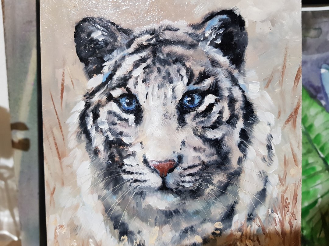 Original cute white tiger artwork hand painted Oil painting on Cardboard - 墙贴/壁贴 - 其他材质 