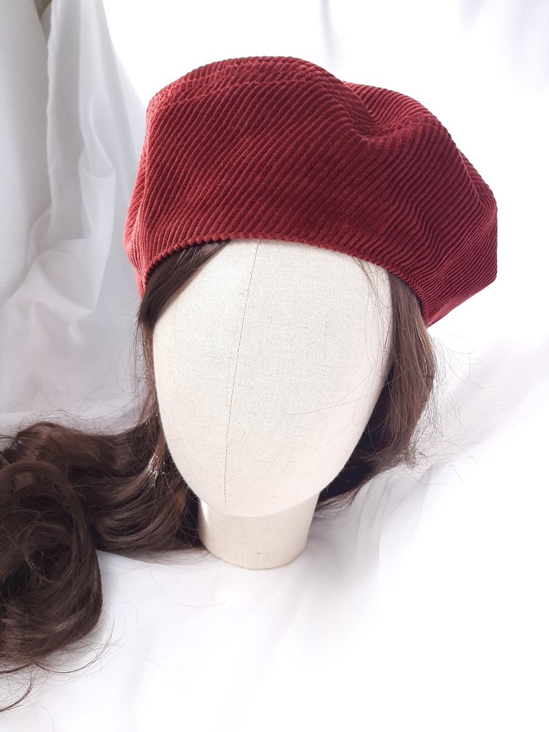 酒红灯芯绒纯棉法式贝雷帽Beret - 帽子 - 棉．麻 红色