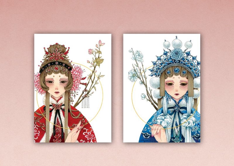 古风手绘水彩 女伶明信片套组 2入 - 卡片/明信片 - 纸 红色