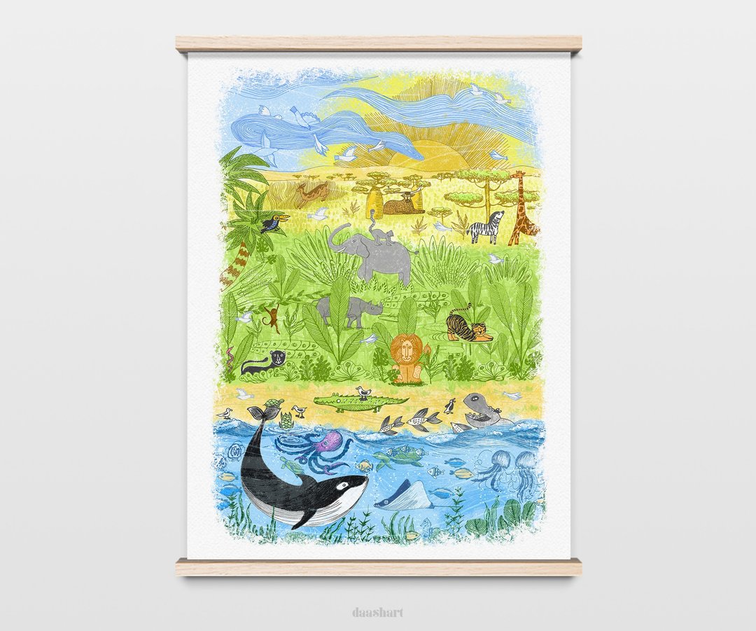 Baby jungle animals prints nursery Floral printable wall art Children's poster - 电子手绘真人画像/绘画/插画 - 其他材质 