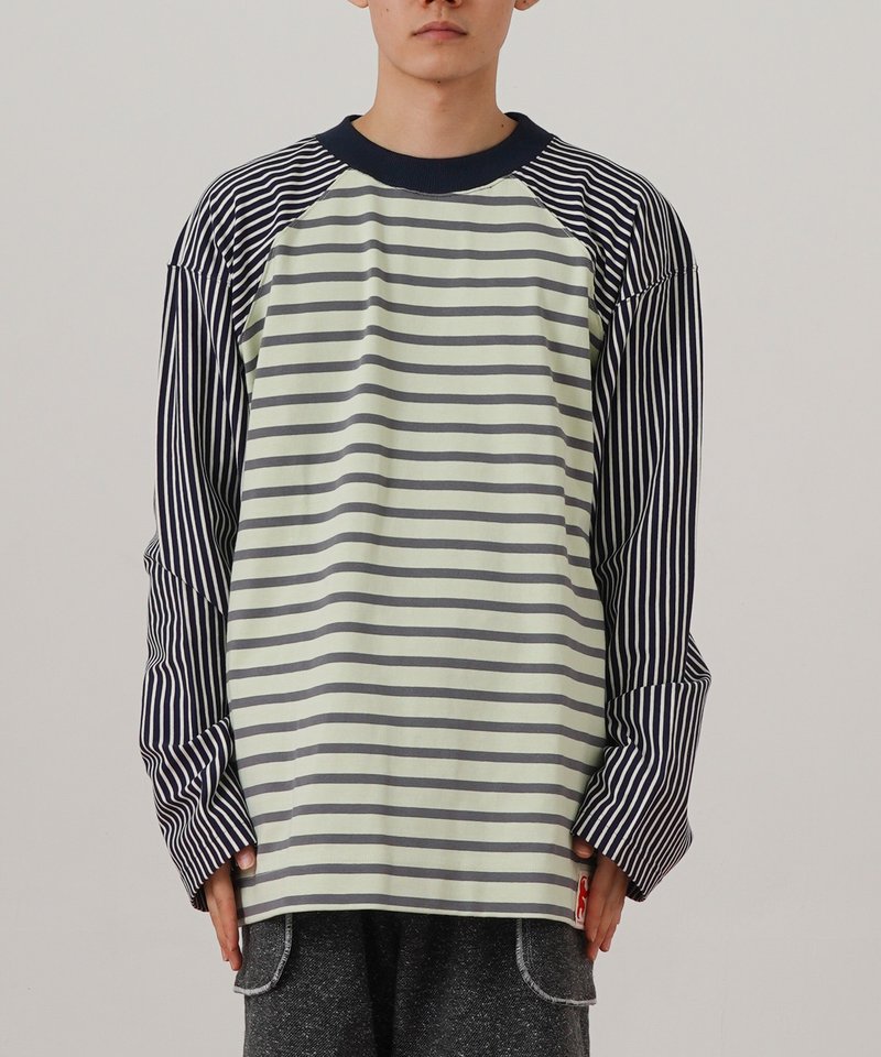 多色条纹长袖 T 恤 薄荷绿 - 中性连帽卫衣/T 恤 - 棉．麻 多色