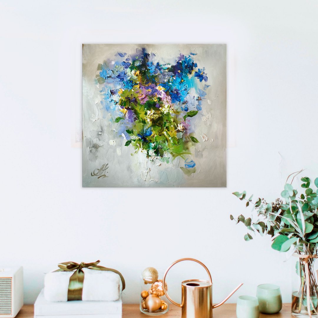情人节花卉油画、原创油画、波西米亚风墙艺术画布、独特的手工绘 - 墙贴/壁贴 - 其他材质 蓝色