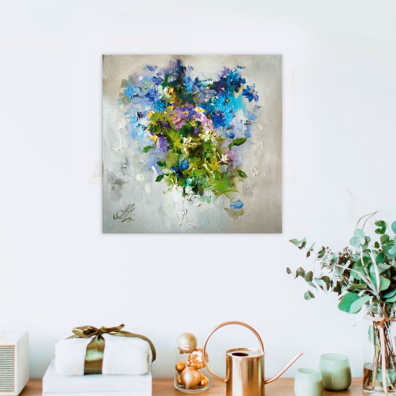 情人节花卉油画、原创油画、波西米亚风墙艺术画布、独特的手工绘 - 墙贴/壁贴 - 其他材质 蓝色