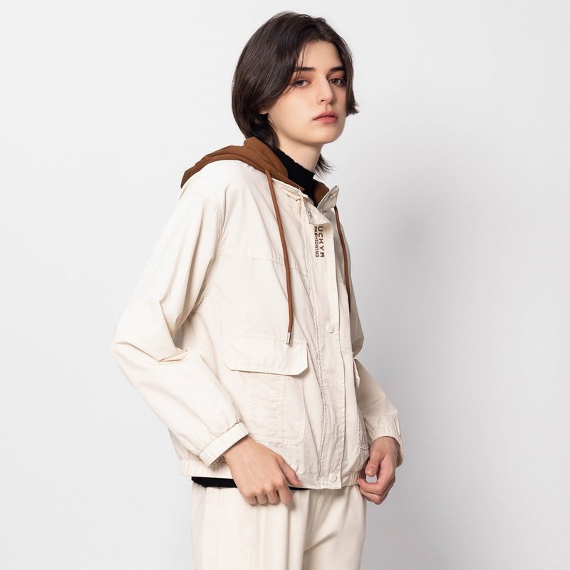 【Icare】工装大口袋连帽撞色外套(连帽可拆)(F) | 女外套 女夹克 - 女装休闲/机能外套 - 棉．麻 白色