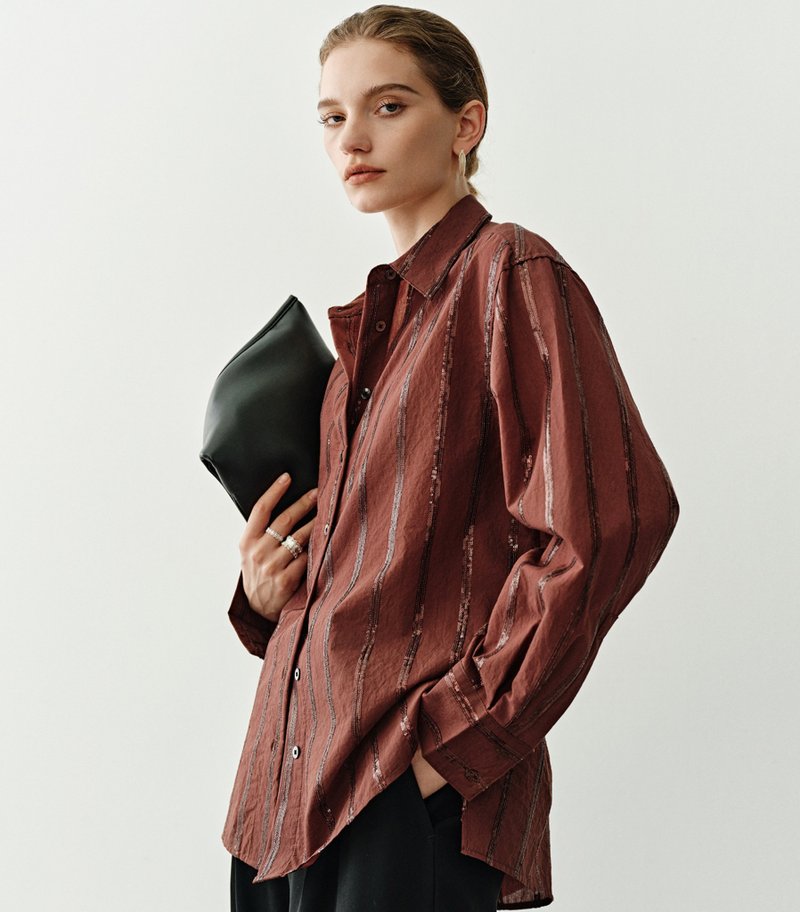 【 重工BC珠片】法式简约/绣花条纹衬衫/光泽垂感衬衣 - 女装衬衫 - 棉．麻 红色