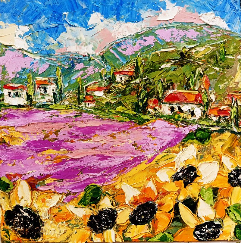 托斯卡纳绘画向日葵原创艺术厚涂油画风景 10 x 10 - 墙贴/壁贴 - 其他材质 橘色