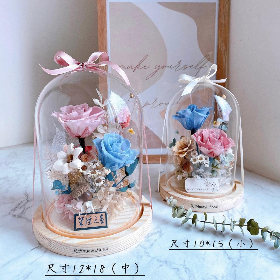中型 永生花 玫瑰花 干燥花 玻璃罩 荣升 开幕 入厝 新婚 升迁 - 干燥花/捧花 - 植物．花 多色