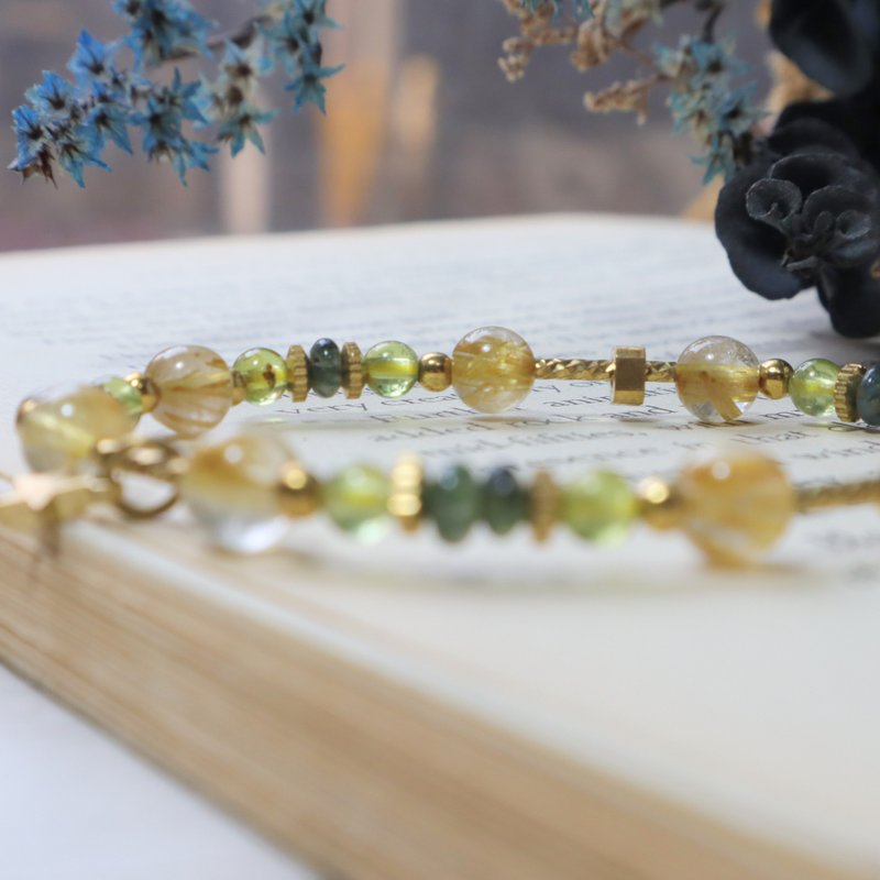 日日生财  黄铜手链  钛晶/橄榄石/绿水草玛瑙 七夕礼物 定制化 - 手链/手环 - 铜/黄铜 黄色