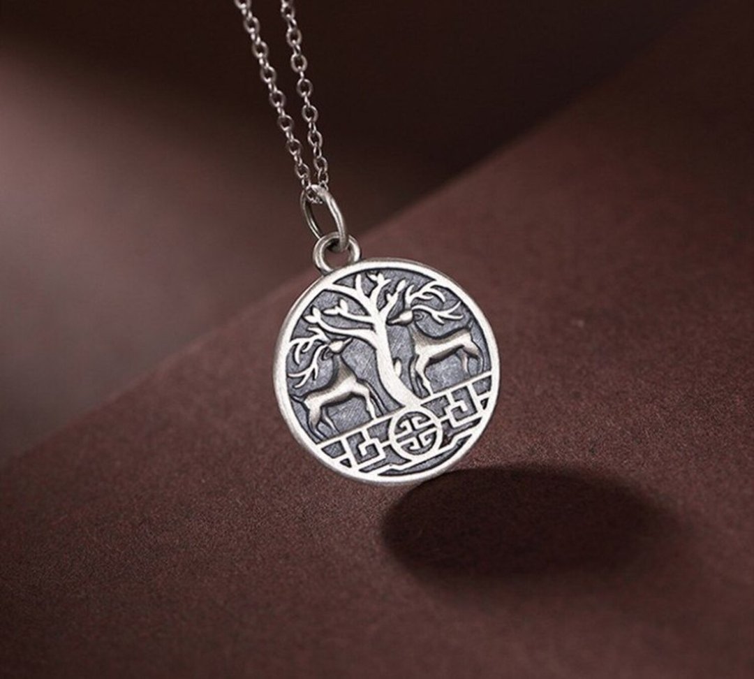 Running to Happiness Embossed Deers Hope Tree Pendant Necklaces NO Chain Vintage - 长链 - 纯银 银色