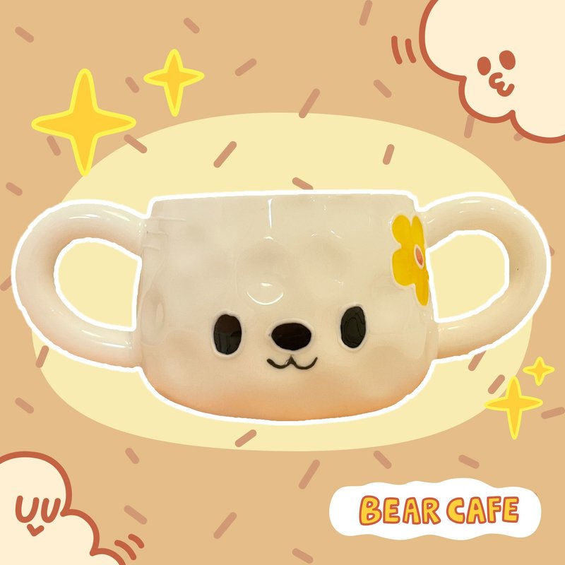 小熊吐司系列 双耳手绘原创造型陶瓷咖啡杯 250ml - 咖啡杯/马克杯 - 陶 白色