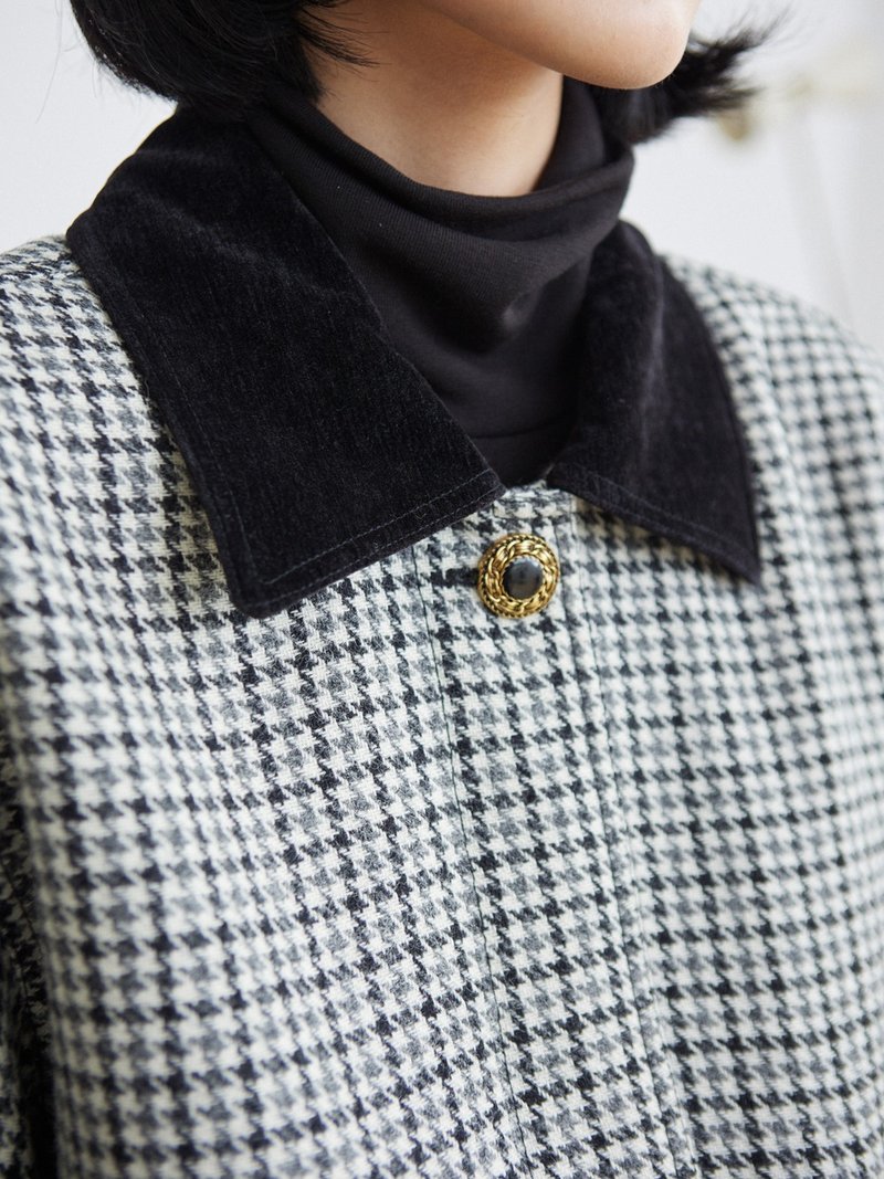 灰白千鸟格 英国进口Abraham moon格纹花呢羊毛西装 金扣拼接夹克 - 女装休闲/机能外套 - 羊毛 灰色