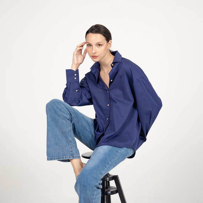 BASIC // navy // women oversized shirt - 女装衬衫 - 棉．麻 蓝色