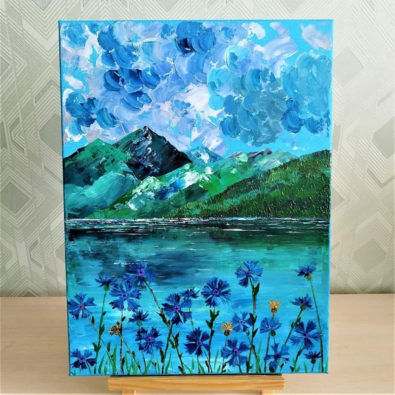 Mountain Landscape Painting 無框畫 Blue Flowers Hanging Painting 霜山 Wall Decoration - 墙贴/壁贴 - 压克力 蓝色