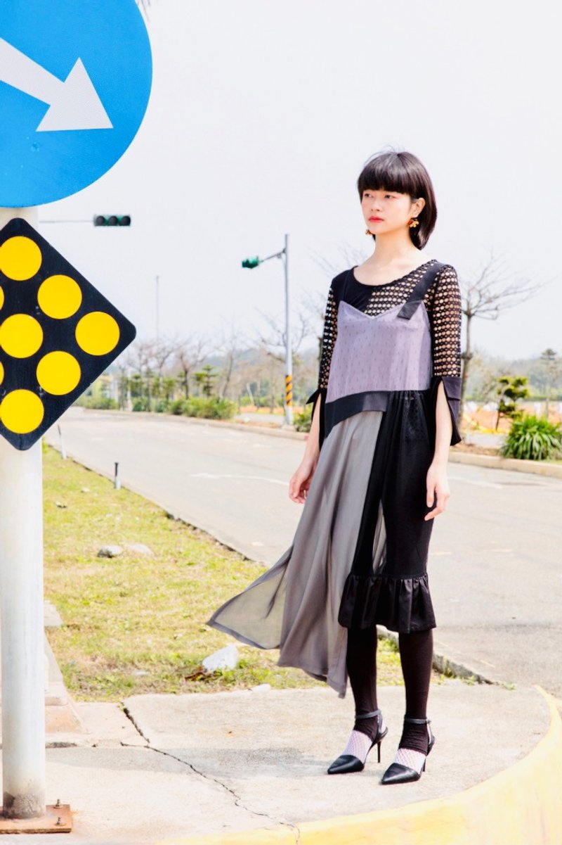 moi non plus 灰色雪纺断层吊带洋装 - 洋装/连衣裙 - 聚酯纤维 灰色