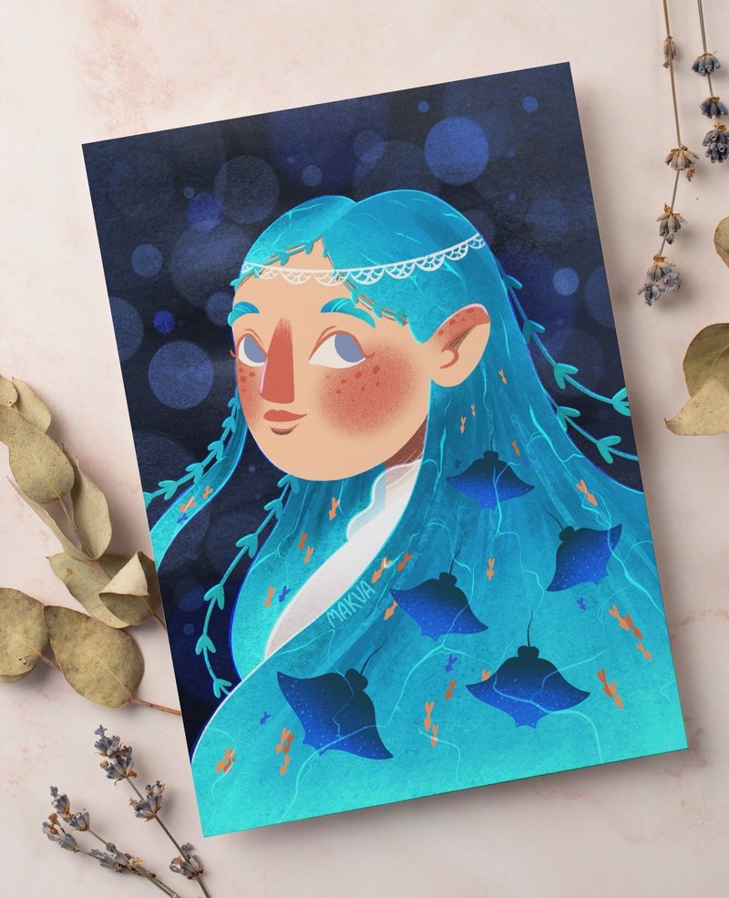 明信片 - 可爱女孩 | 海洋 | 肖像 | 魔法 - 卡片/明信片 - 纸 蓝色