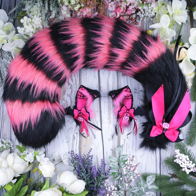 Hot Pink Cheshire Cat Ears and Tail Set Faux Fur Ears and Tail Set - 发饰 - 其他人造纤维 粉红色