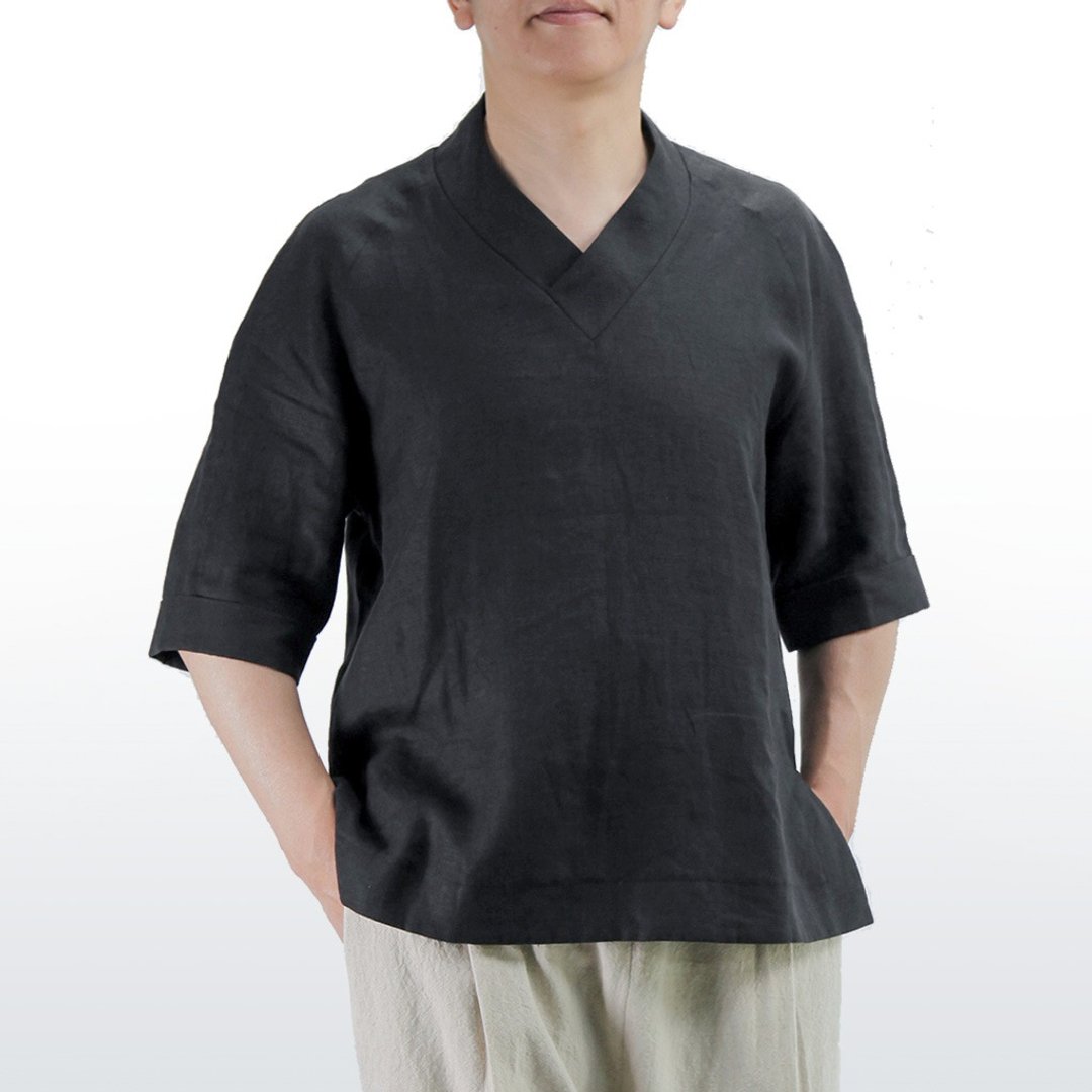 V领衫 亚麻 | 黑色 - 男装上衣/T 恤 - 棉 黑色