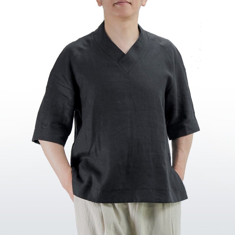 V领衫 亚麻 | 黑色 - 男装上衣/T 恤 - 棉．麻 黑色