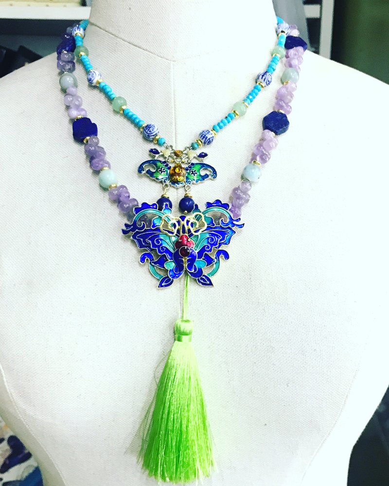 中国风珐琅蝴蝶项链 - 项链 - 石头 多色