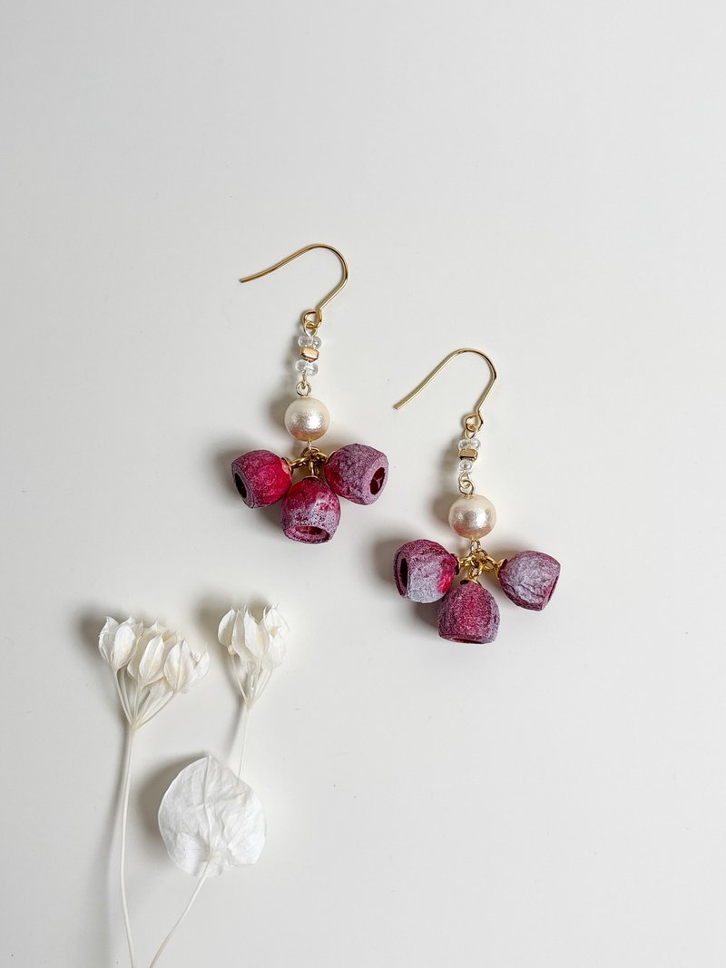 果实种子 - 酒红铃铛果 - 棉珍珠耳环/耳夹 - 耳环/耳夹 - 植物．花 紫色