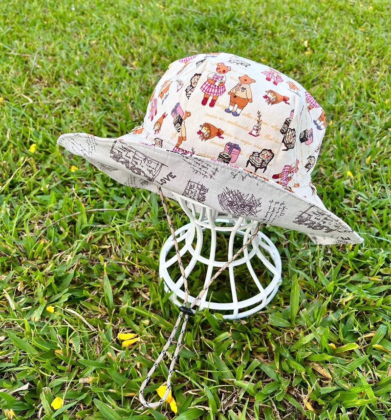 乐福手作双面渔夫帽-米白居家小熊 - 帽子 - 棉．麻 白色