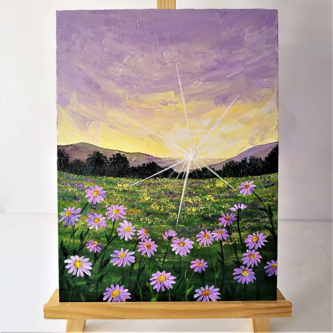 Landscape Acrylic Painting Featuring a Field of Daisies at Sunset Art Wall Decor - 墙贴/壁贴 - 压克力 多色