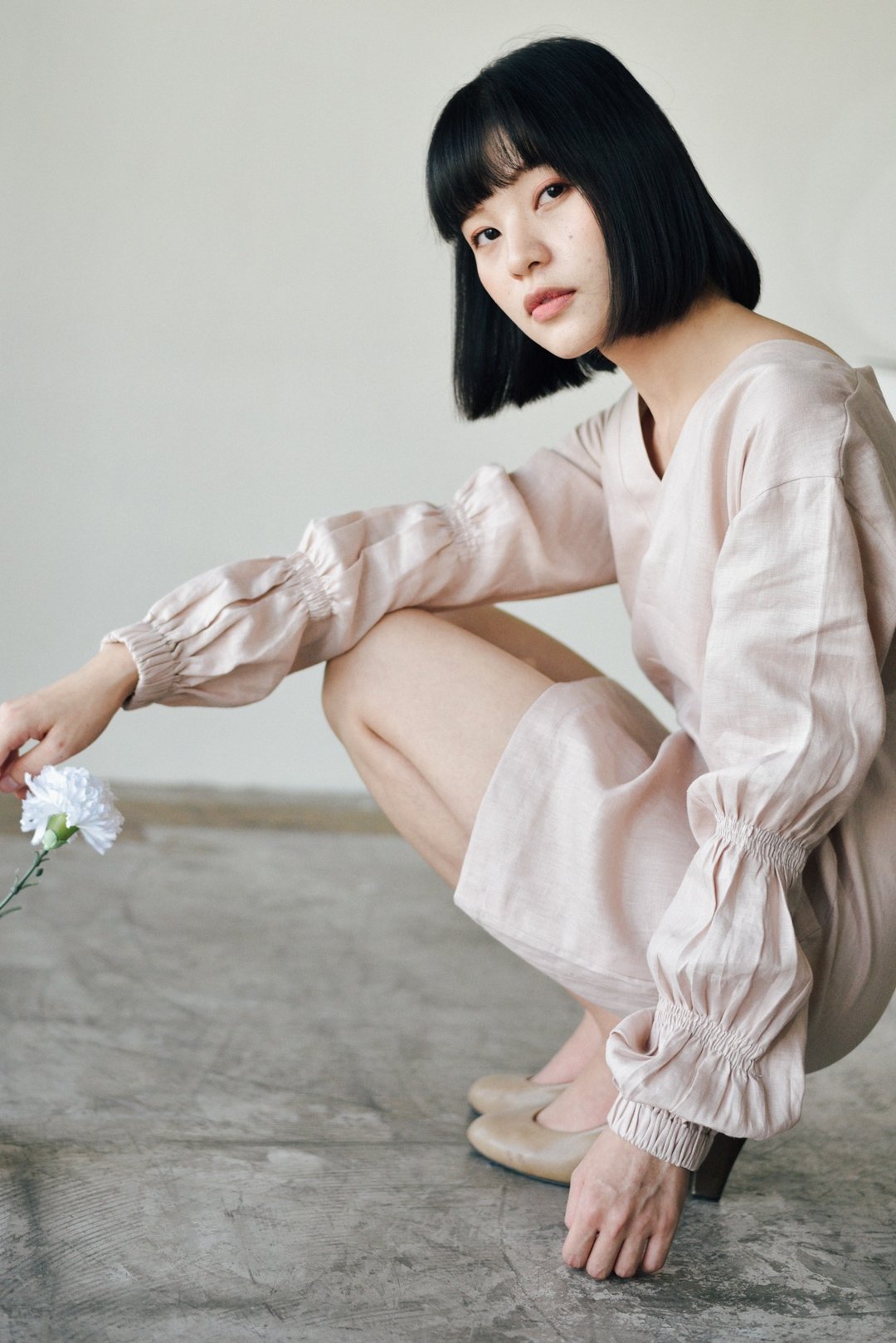 麻LINEN DRESS LONG SLEEVE PINK COLOR - 洋装/连衣裙 - 棉 粉红色