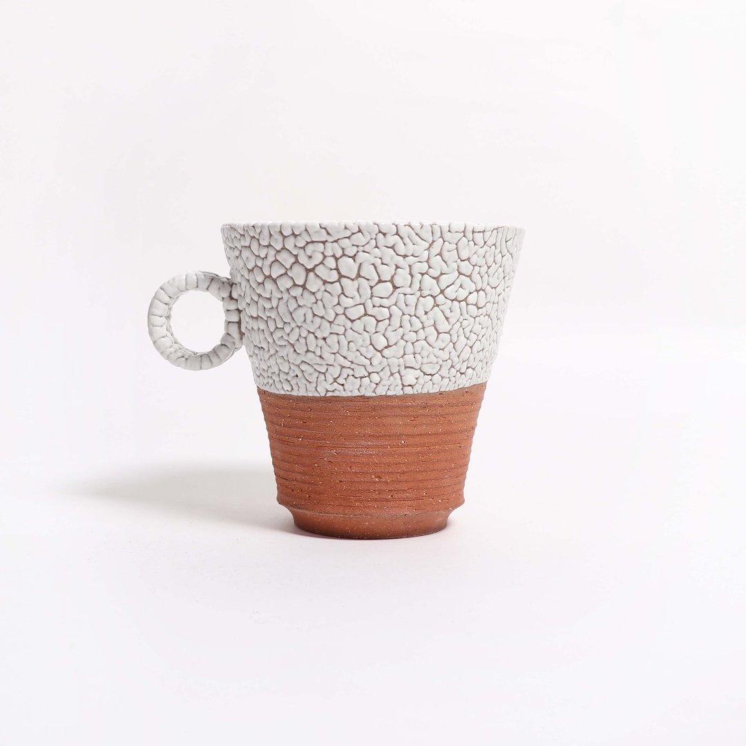 明芽窑 l 缩志野釉圆耳咖啡杯 茶杯 水杯 马克杯 杯子 陶杯 H - 咖啡杯/马克杯 - 陶 白色