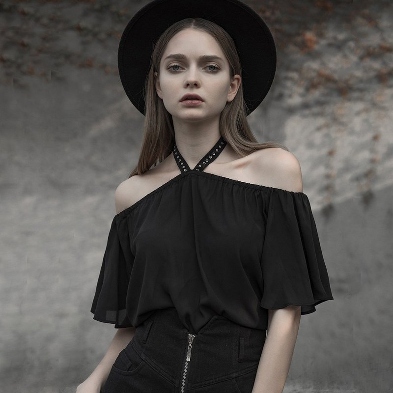 哥德仙灵摇滚肩带两穿式上衣 - 女装上衣 - 其他材质 黑色
