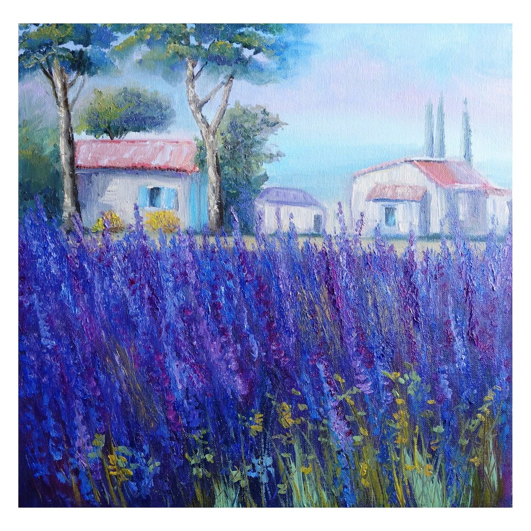 Lavender Fields Painting Oil Landscape Original Art 油畫原作 Meadow Artwork - 海报/装饰画/版画 - 颜料 多色