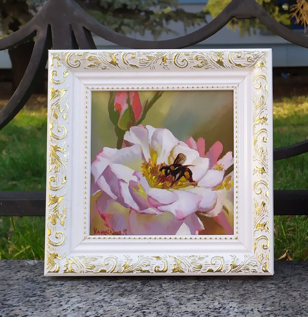 白玫瑰画蜜蜂艺术品花框迷你油画送给妈妈的礼物 - 海报/装饰画/版画 - 棉 白色
