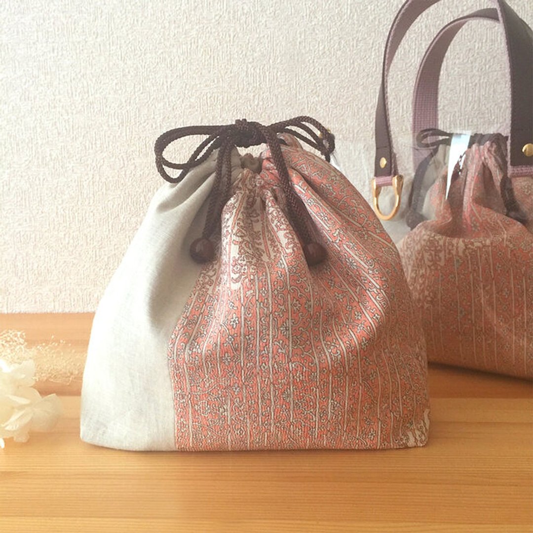 Drawstring Bag with Japanese pattern, Kimono and linen - for Clear Tote Bag - 化妆包/杂物包 - 棉 绿色