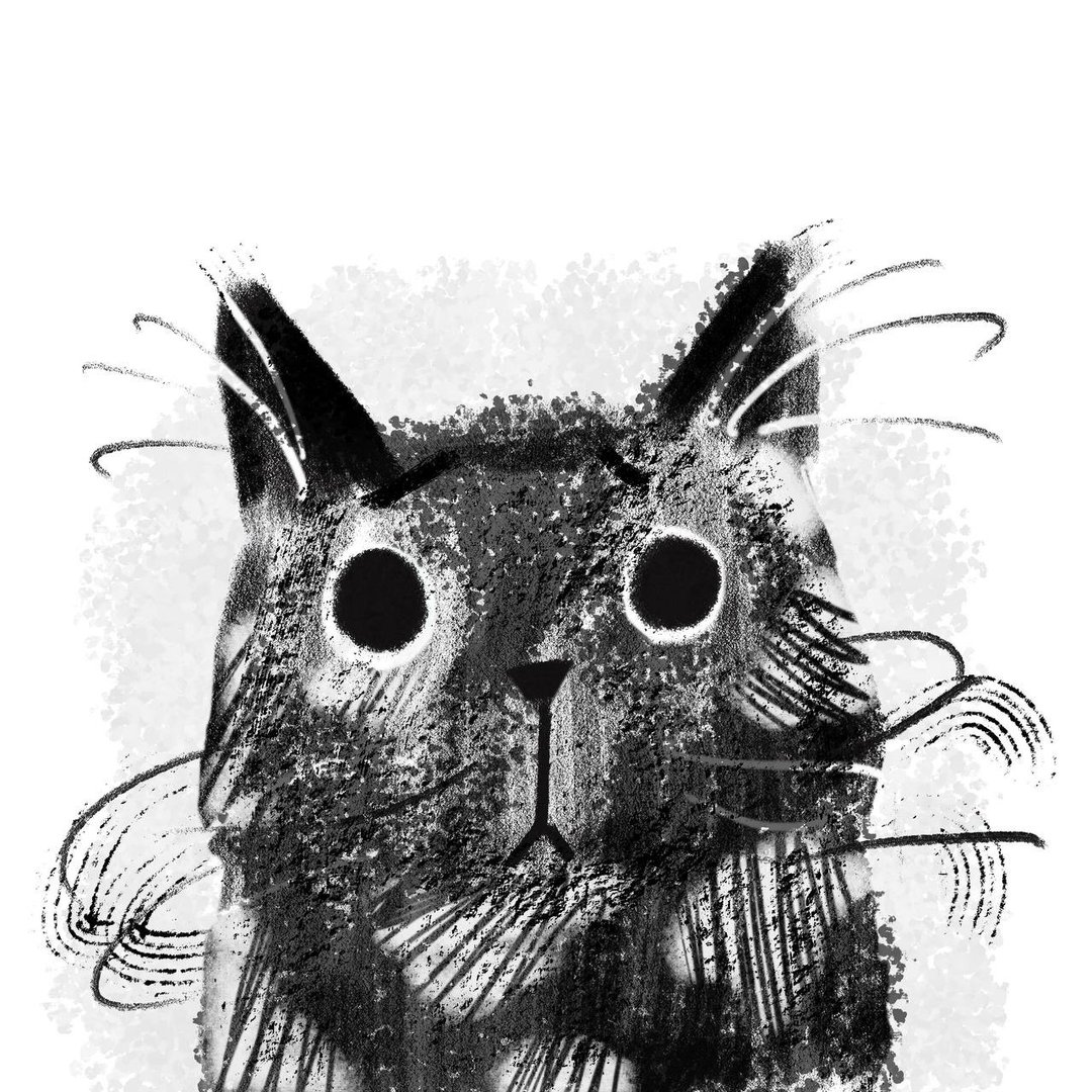 Digital postcard black cat Beautiful black fluffy cat black ink - 电子手绘真人画像/绘画/插画 - 其他材质 黑色