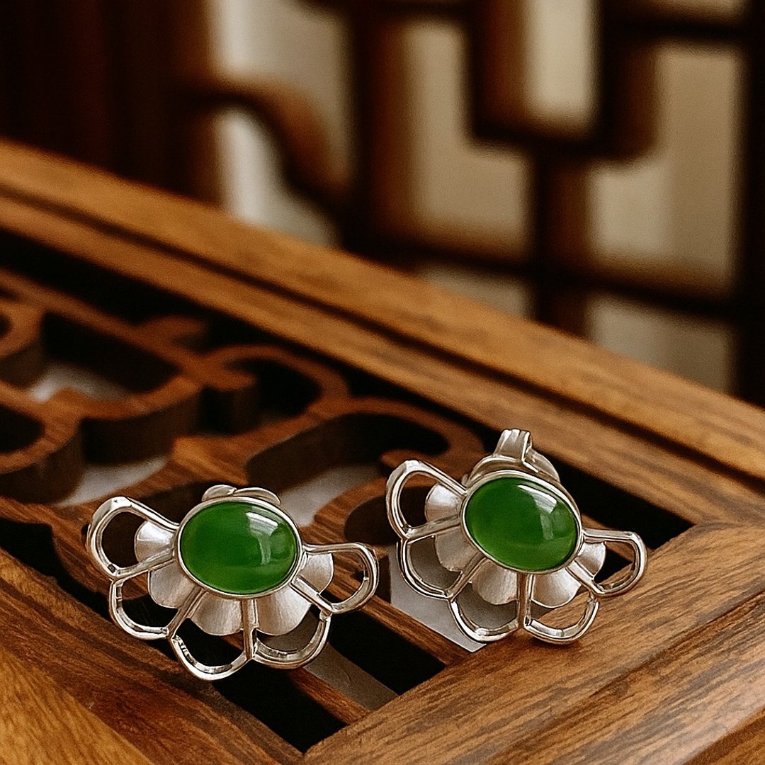 曼舞 玉 耳环 天然碧玉 A货 5x7mm x2 925 纯银  礼物 - 耳环/耳夹 - 玉石 绿色